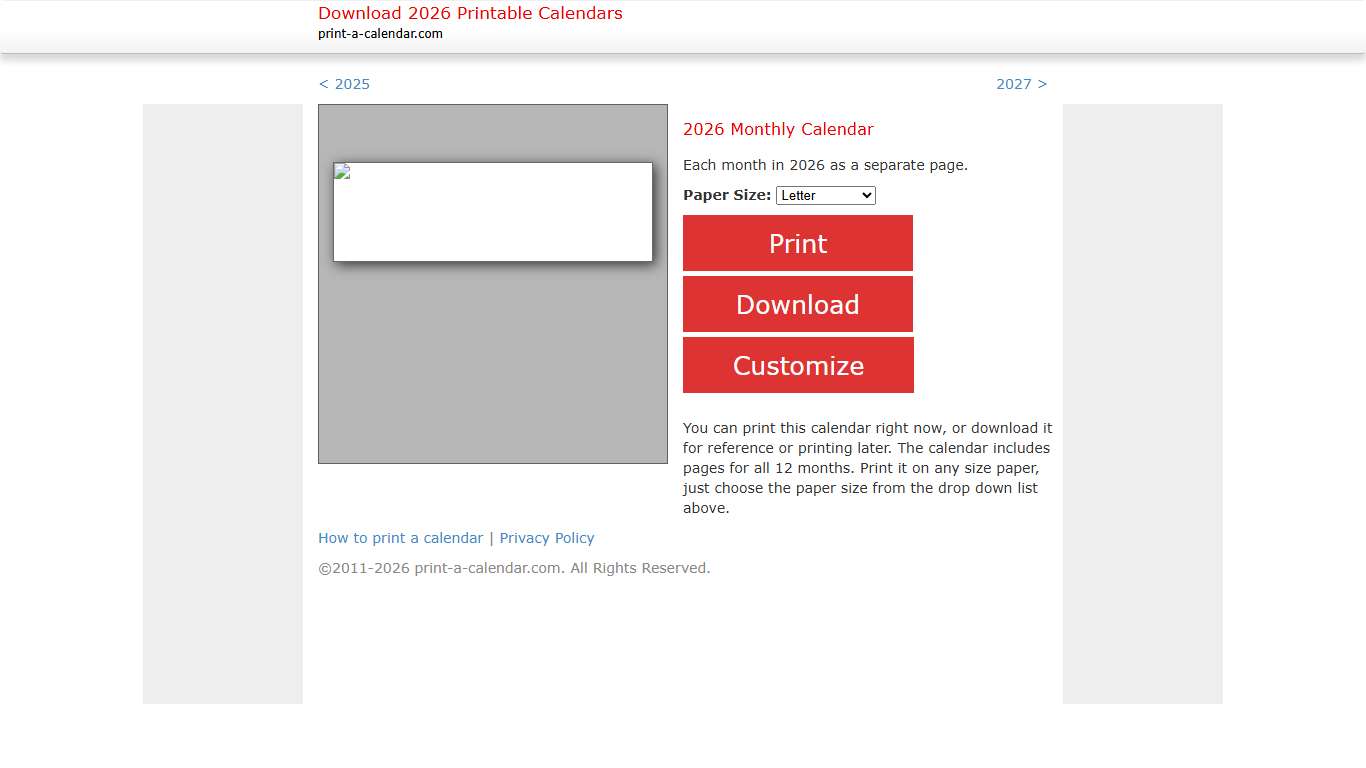 2026 Printable Monthly Calendar
